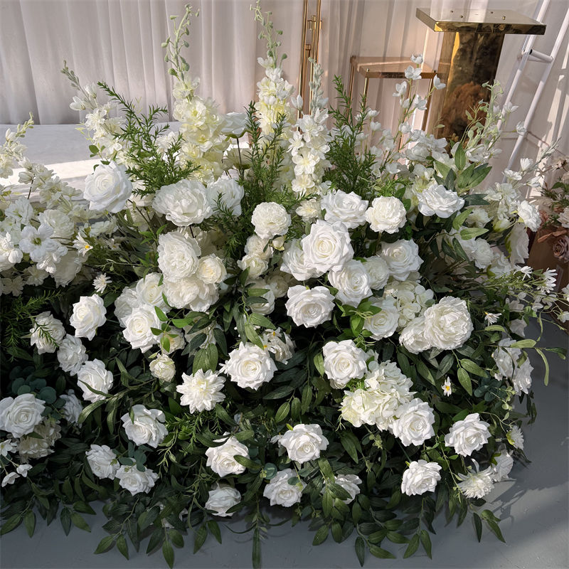 Luxury Wedding Bride and Groom Table Arrangement Artificial White and Green Flower Runner Decoration