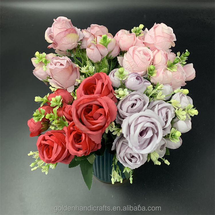 Wholesale High Quality 13 Heads Silk Flower Bunch Artificial Silk Flowers Rose Bouquet for Decoration Wedding