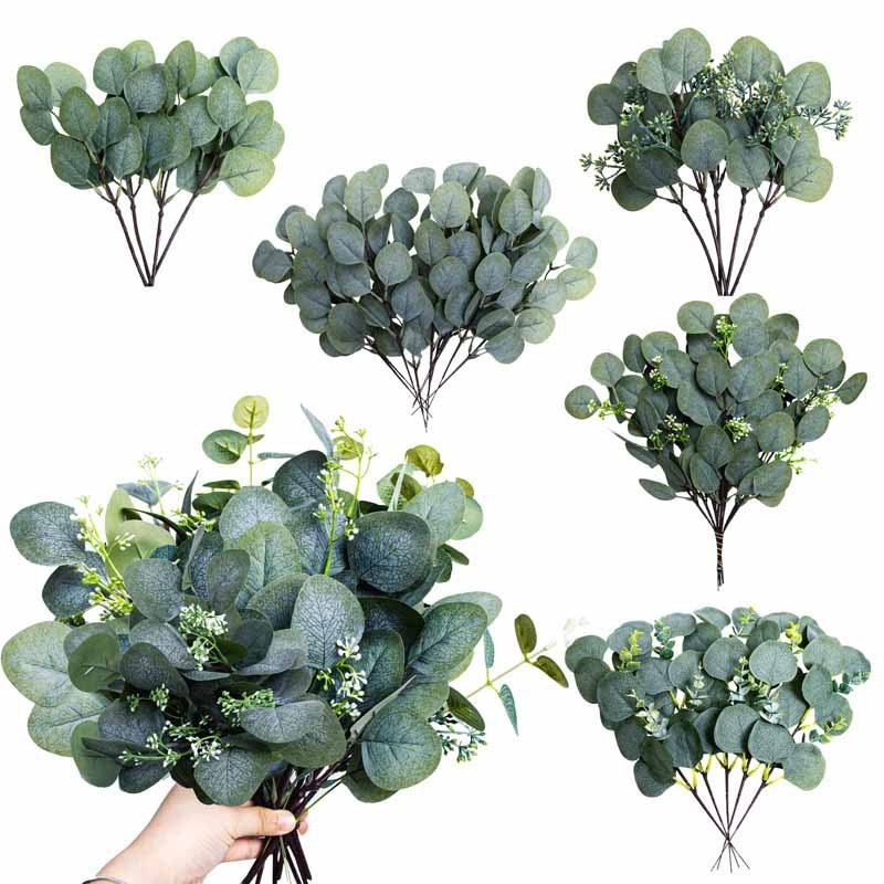 Wholesale Simulation Flower Artificial Green Plant Outdoor Decoration 8 Fork Eucalyptus Artificial Branches Eucalyptus