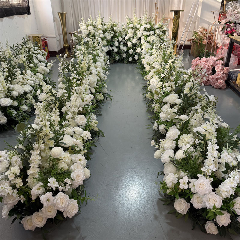 Luxury Wedding Bride and Groom Table Arrangement Artificial White and Green Flower Runner Decoration
