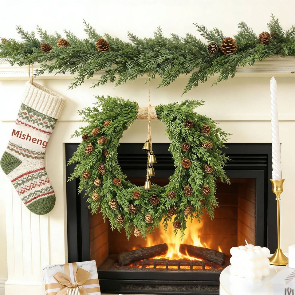 Christmas Wreath PE Artificial Flower Garland with Norfolk Pine Vine Design European Style Ring Shape