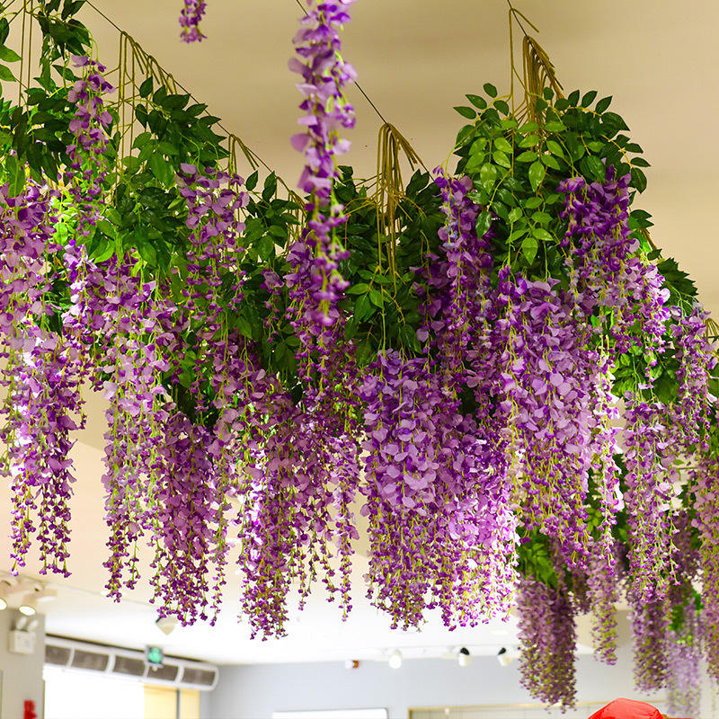 Customized Vines Artificial Hanging Flowers Ceiling Decoration Luxury Wedding Ivory Red Wisteria Hanging Floral Ceilings Decor