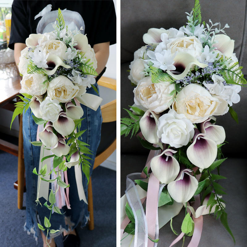 Western-Style Bridal Hand-Tied Bouquet Water-Drop Shape Ivory White Calla Lily Forest-Style Handmade Wedding Artificial Flowers